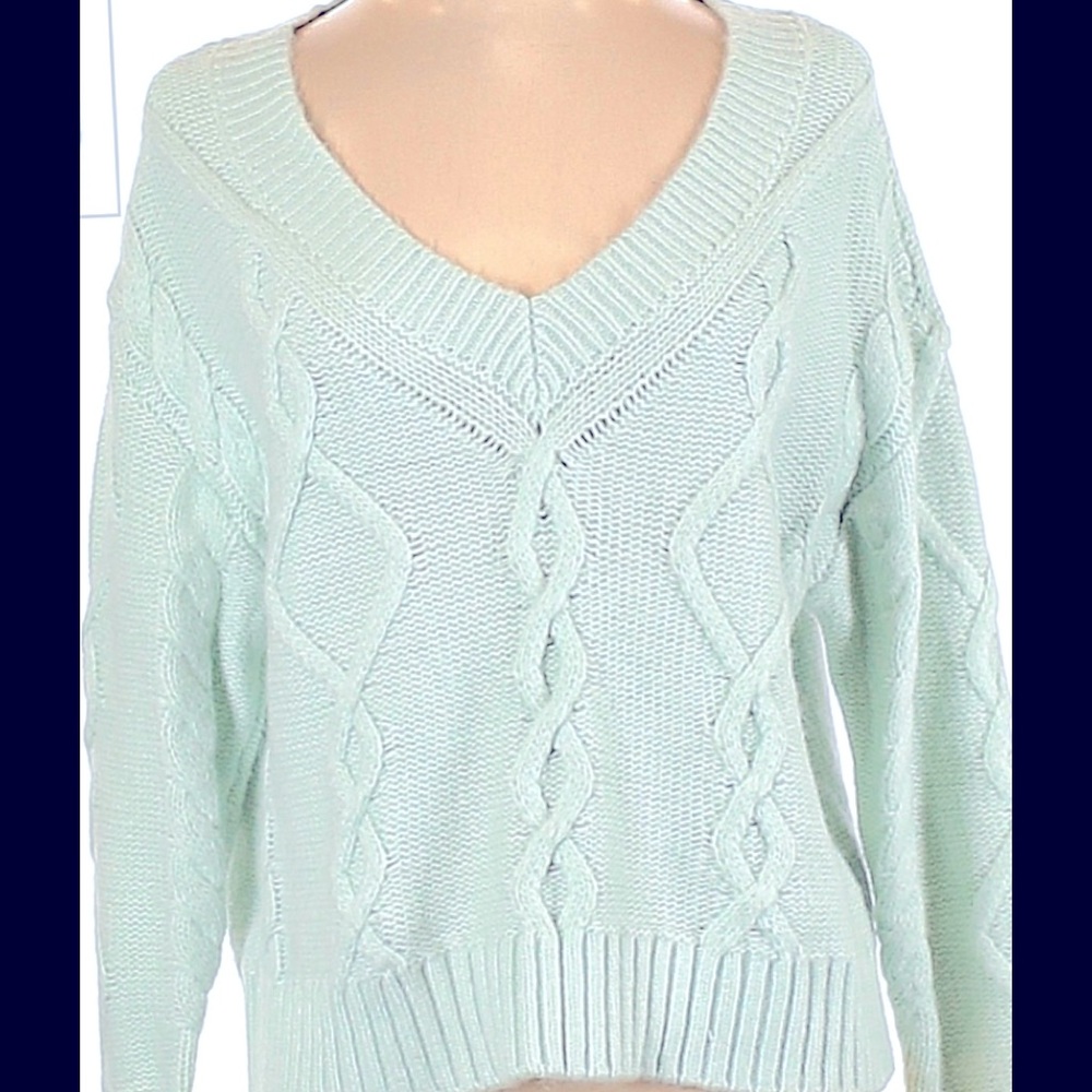 Ann Taylor Soft Mint Crème V Neck Cable Sweater, XL